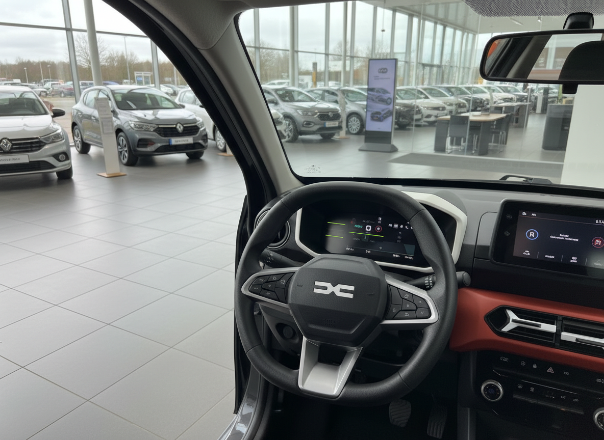 Dacia Innenraum mit Lenkrad und digitalem Cockpit im Autohaus Showroom