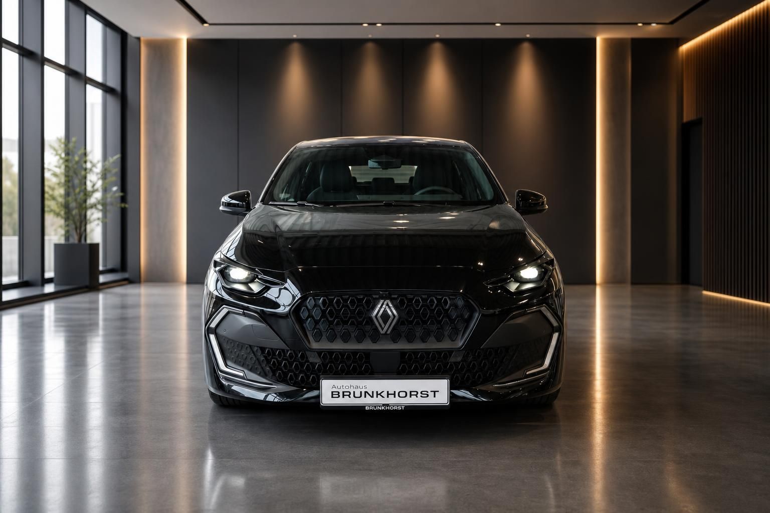 Renault schwarzes Fahrzeug Frontansicht im modernen Autohaus Showroom