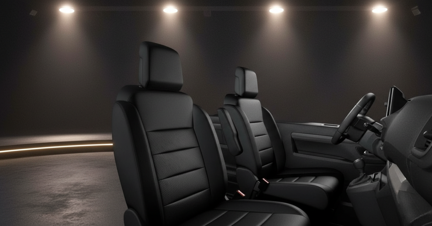 Schwarze Leder-Innenausstattung eines Fahrzeugs mit drei Sitzen und Lenkrad in dunklem Studio