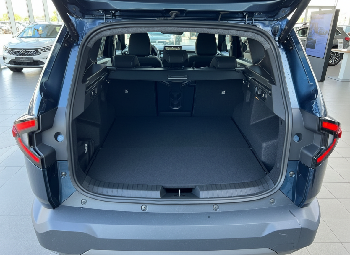 Toyota RAV4 Kofferraum geöffnet in Blau – geräumiger Laderaum im Autohaus