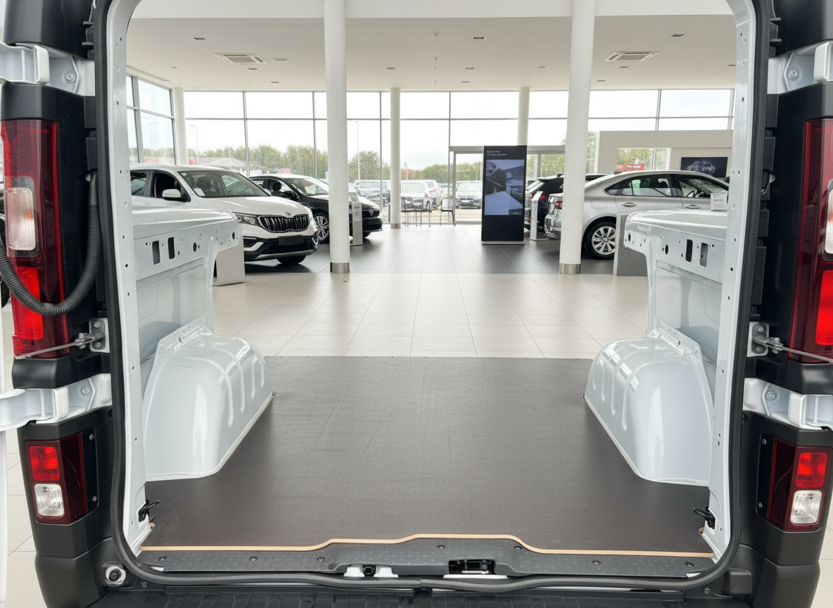 Geöffneter Laderaum eines weißen Transporters im Autohaus mit Blick auf Ausstellungsfahrzeuge