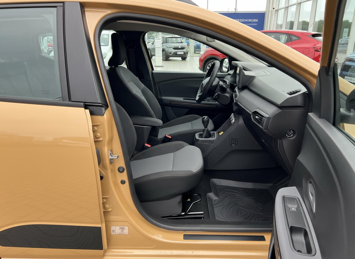 Dacia Sandero Innenraum Beifahrerseite mit schwarzen Stoffsitzen und Schaltgetriebe in Atacama Orange