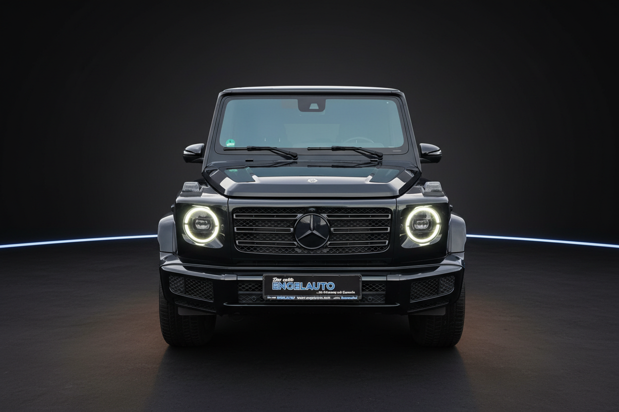 Schwarze Mercedes-Benz G-Klasse Frontansicht mit LED-Scheinwerfern im Fotostudio
