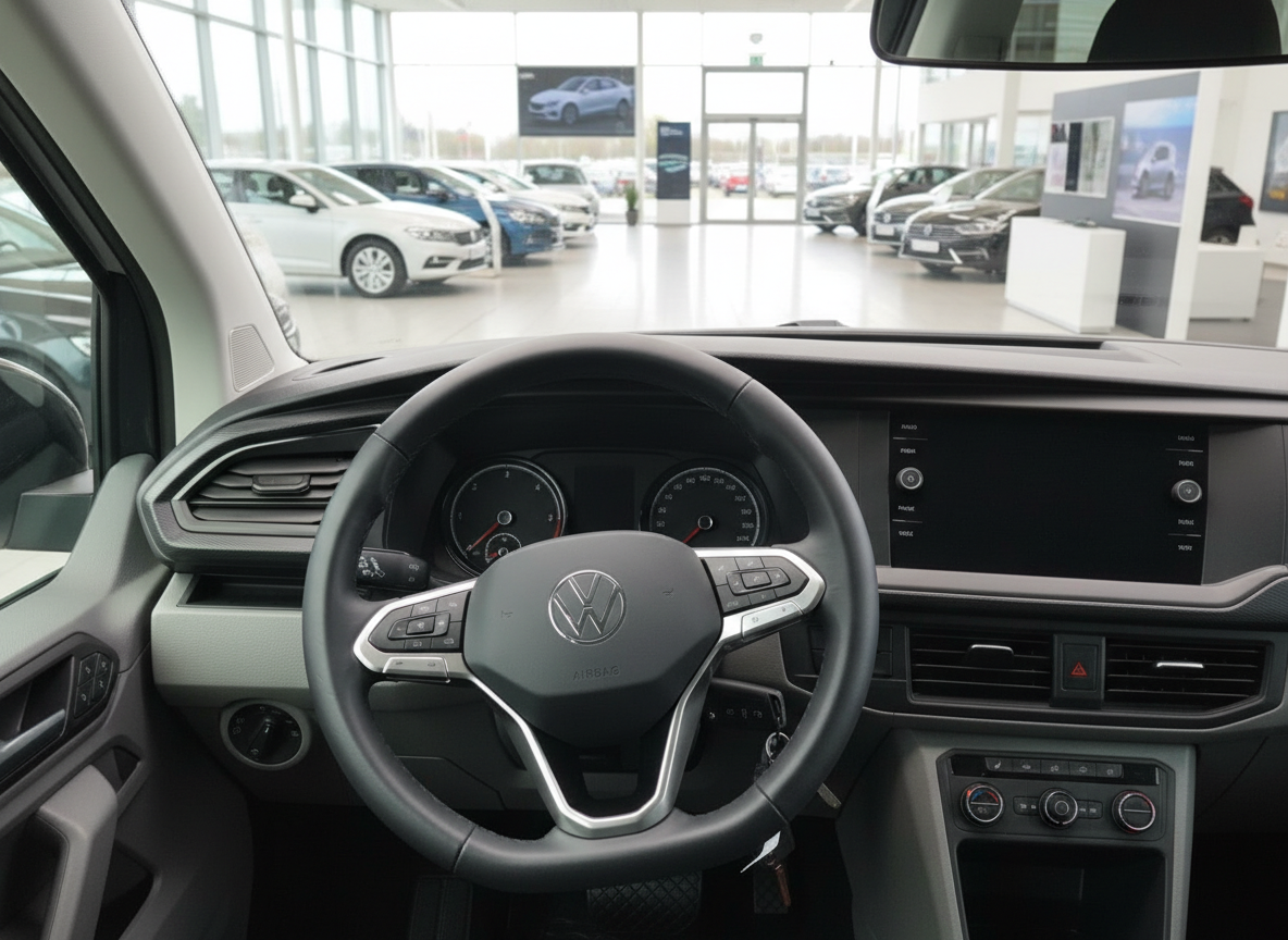 Volkswagen Innenraum mit Lenkrad und Armaturenbrett im VW Autohaus