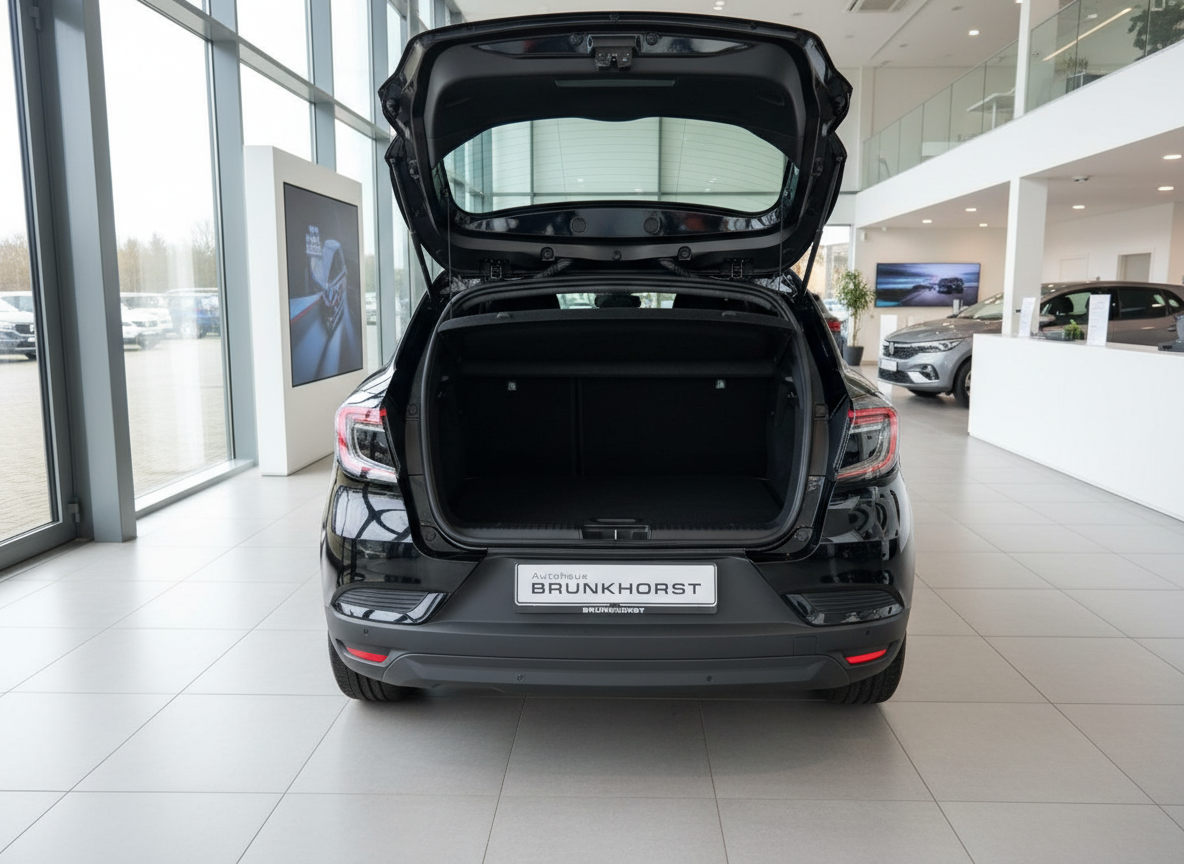 Schwarzes Fahrzeug mit geöffneter Heckklappe im Autohaus Brunkhorst – Kofferraum leer