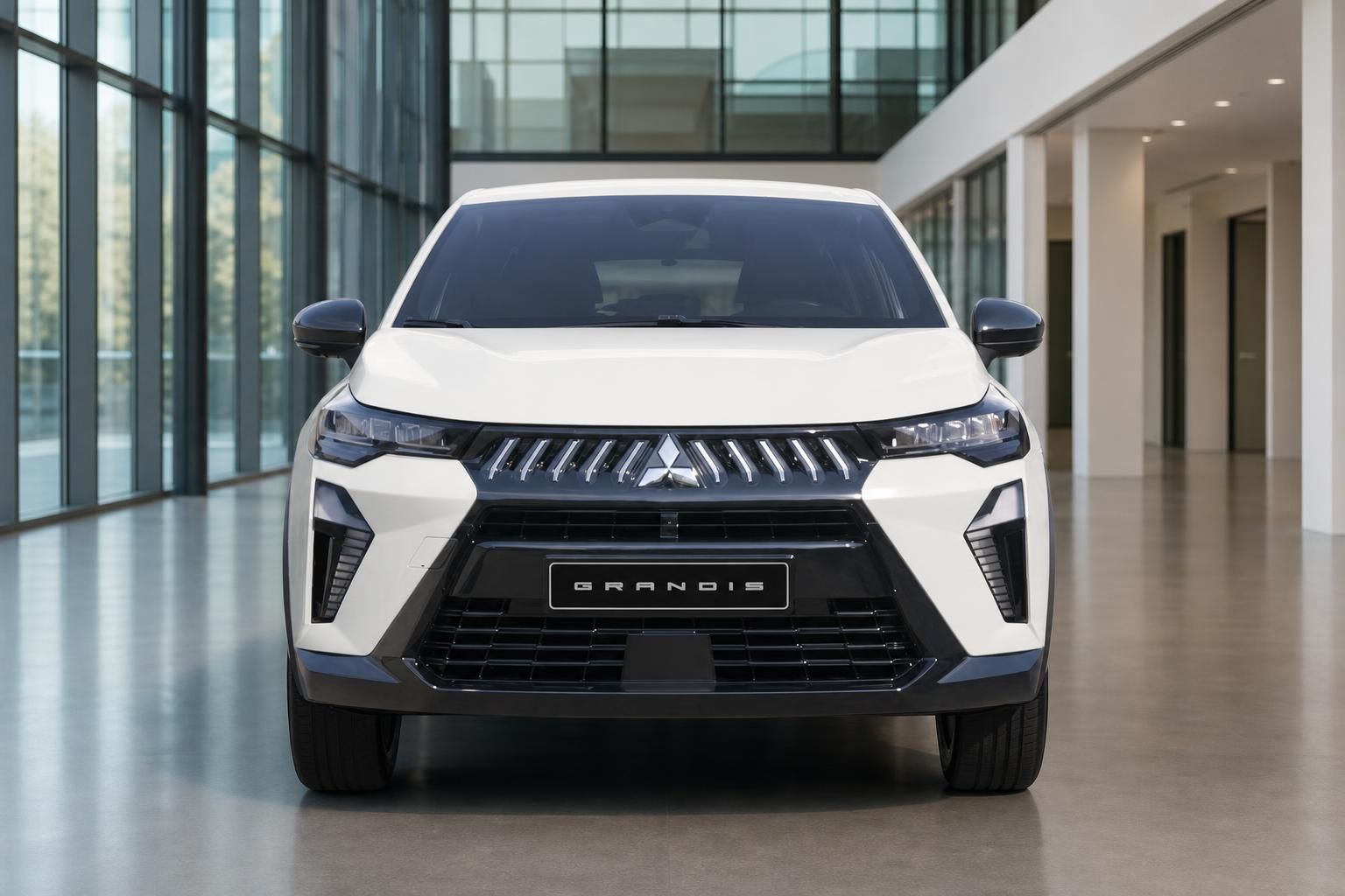 Mitsubishi Grandis SUV weiss Frontansicht gerade im Showroom
