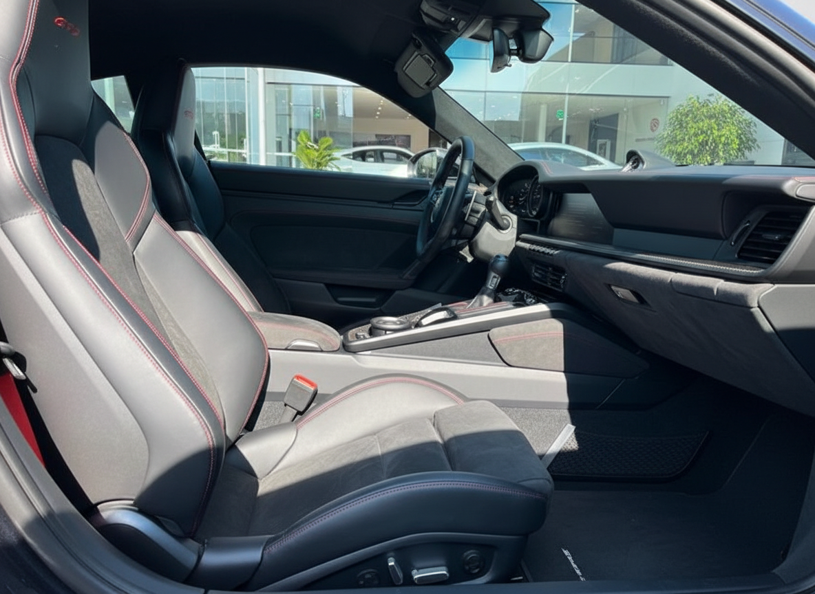 Innenraum eines Porsche 911 mit schwarzen Sportsitzen mit roter Kontrastnaht, PDK-Automatikgetriebe, schwarzem Leder-Armaturenbrett und modernem Cockpit-Design im Showroom eines Autohauses
