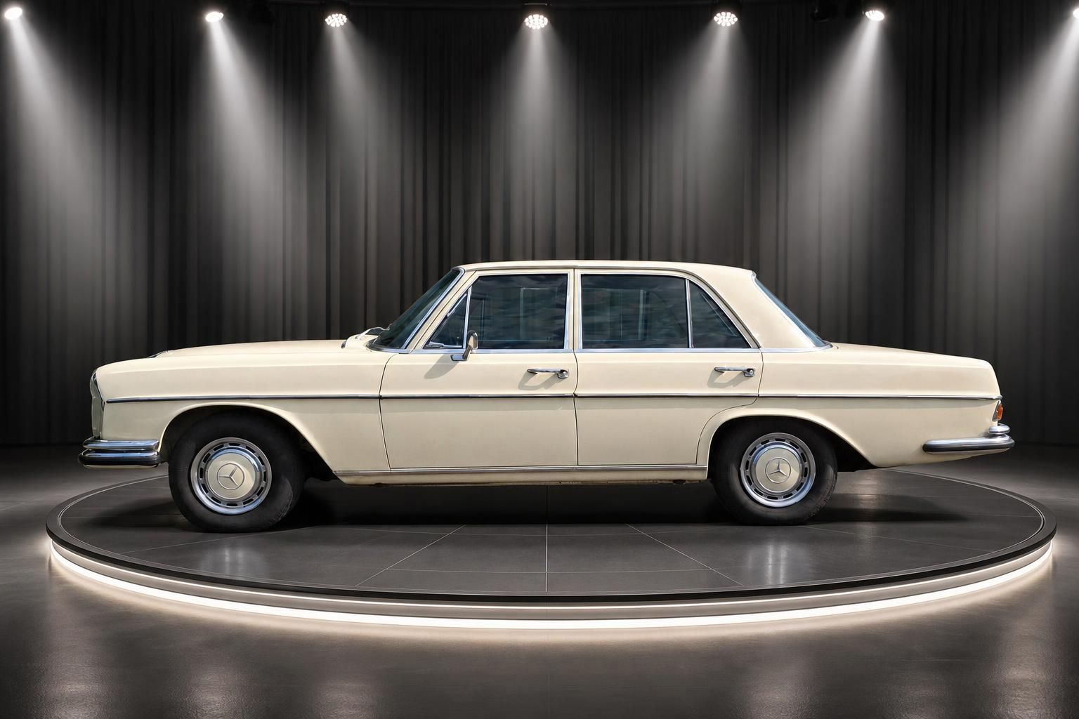 Mercedes-Benz 280 SE 3.5 W108 cremeweiß Seitenansicht auf beleuchtetem Drehteller