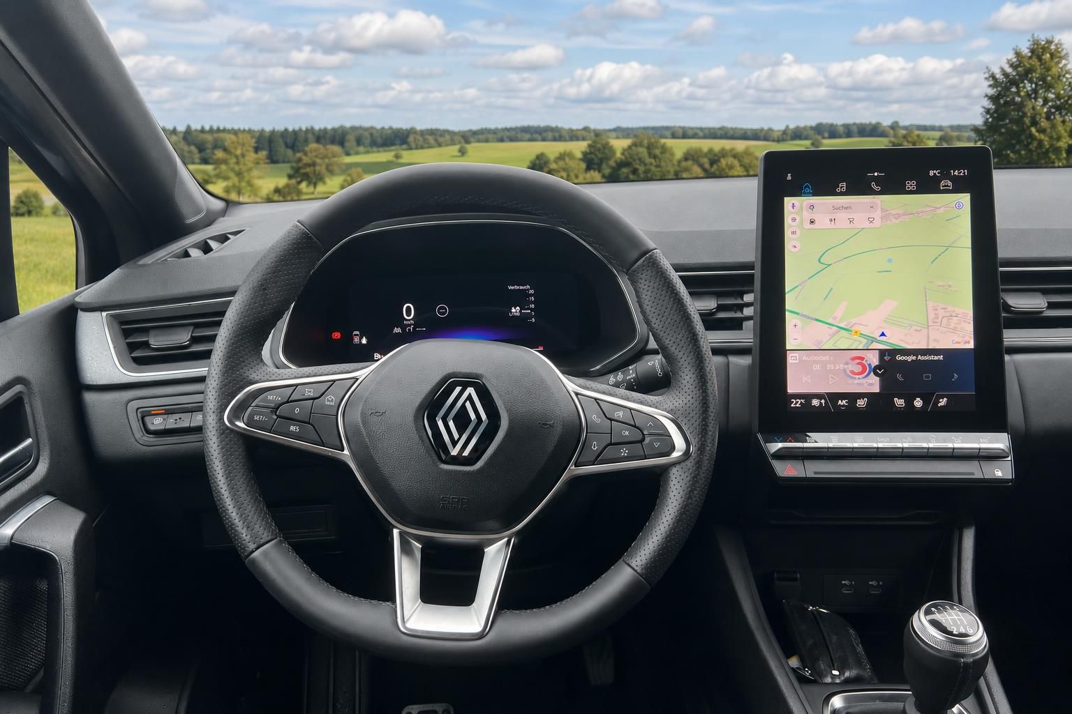 Renault Cockpit mit Lenkrad, digitalem Display und Touchscreen-Navigationssystem