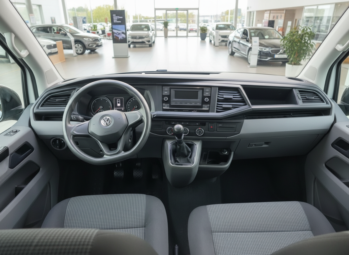 VW Transporter T6 Innenraum mit Cockpit, Lenkrad und Schaltgetriebe im Autohaus