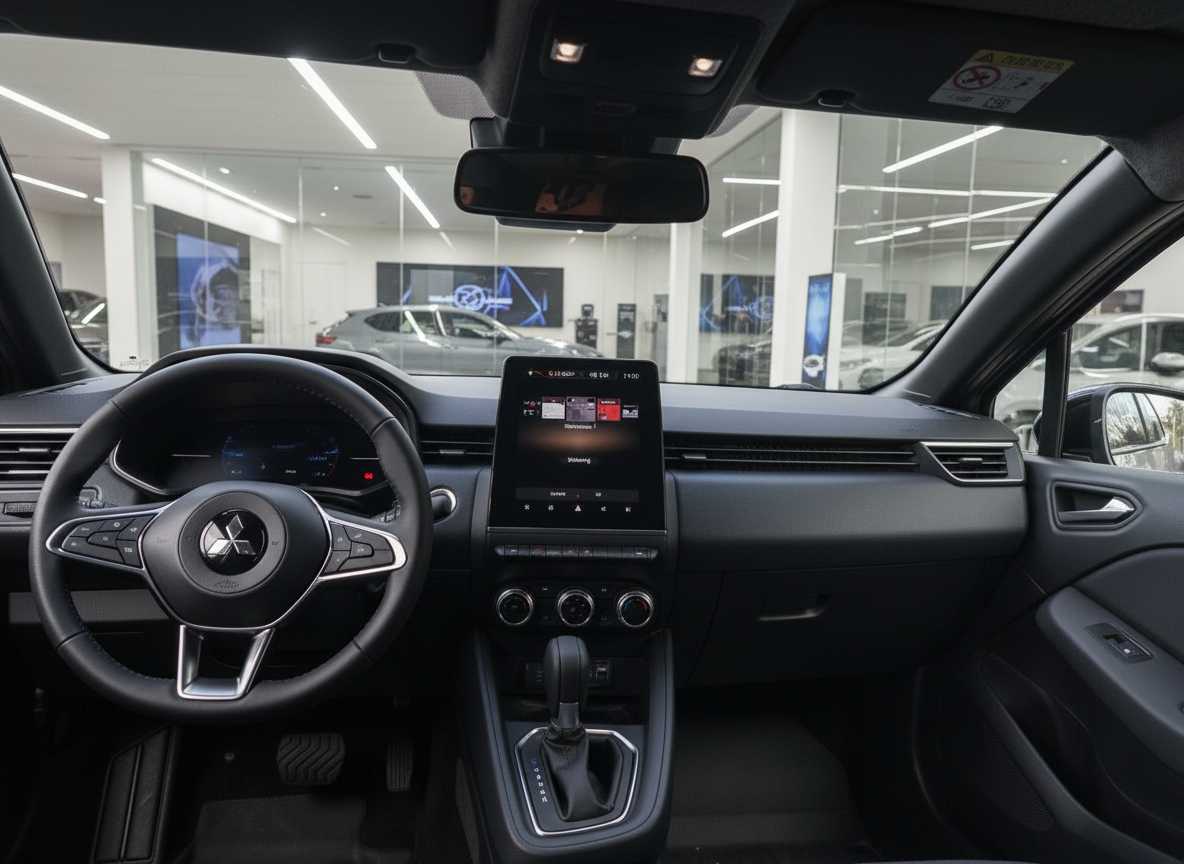 Mitsubishi Fahrzeug Innenraum mit Touchscreen-Infotainment und Lederlenkrad im Autohaus