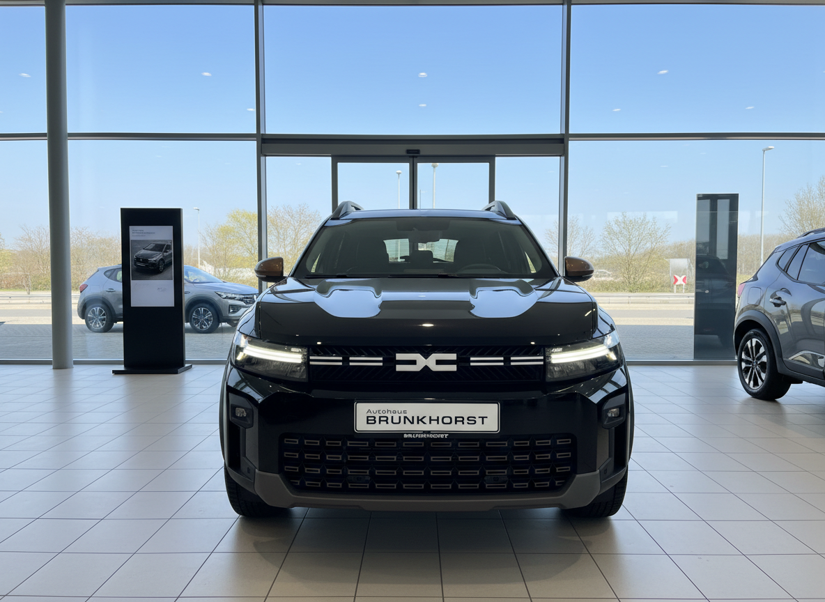 Schwarzer Dacia Duster SUV Frontansicht im Autohaus Brunkhorst Showroom