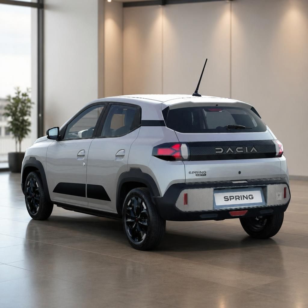 Dacia Spring weißer Elektro-SUV schräg von hinten im eleganten Showroom