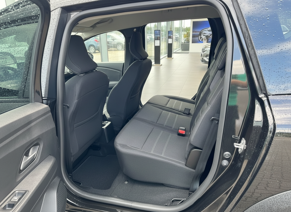 Rücksitzbank schwarzes Fahrzeug Innenraum mit Stoffsitzen und Kontrastnähten im Autohaus