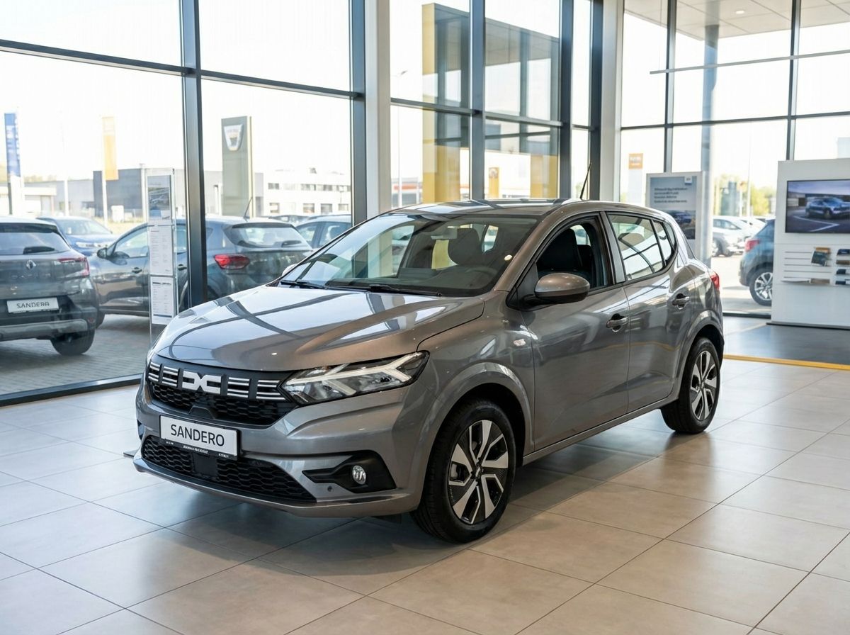 Grauer Dacia Sandero Neuwagen im Autohaus Showroom mit modernem DC-Grill