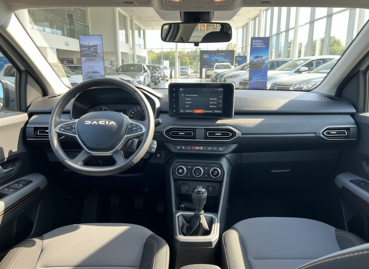 Dacia Innenraum Cockpit mit Touchscreen Infotainment, Schaltgetriebe und Zweifarbsitzen im Autohaus