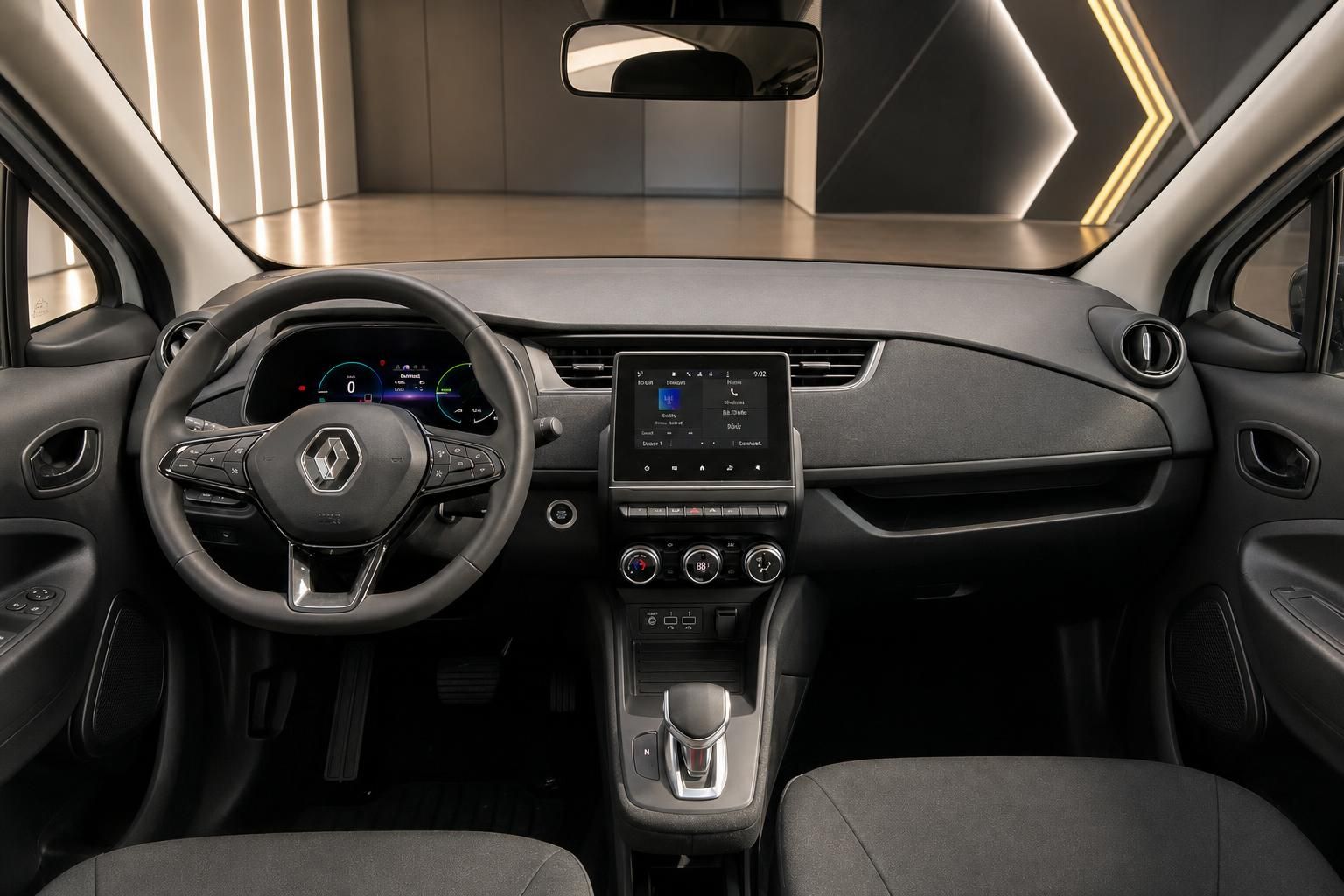 Renault ZOE Innenraum Armaturenbrett mit Touchscreen, Klimaanlage und modernem Cockpit-Design