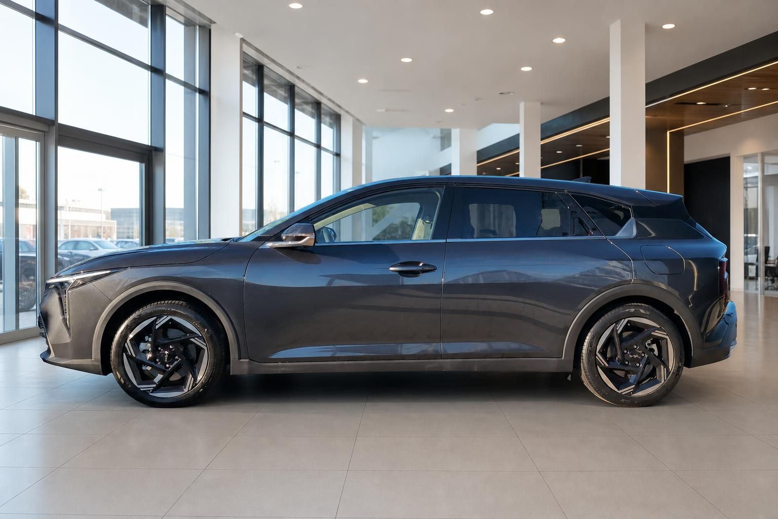 Kia SUV in Grau, Seitenansicht im Showroom