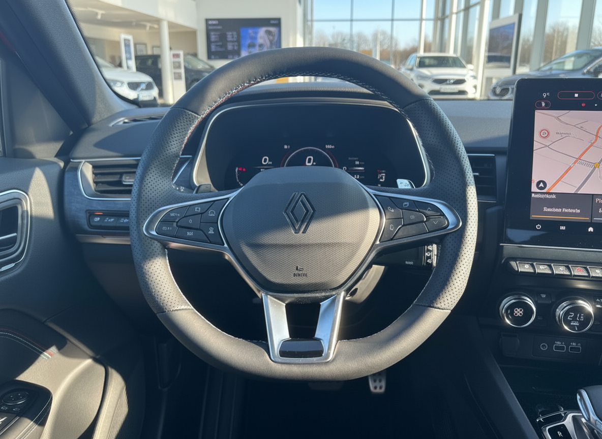 Renault Innenraum mit Lenkrad, digitalem Cockpit und Navigationssystem