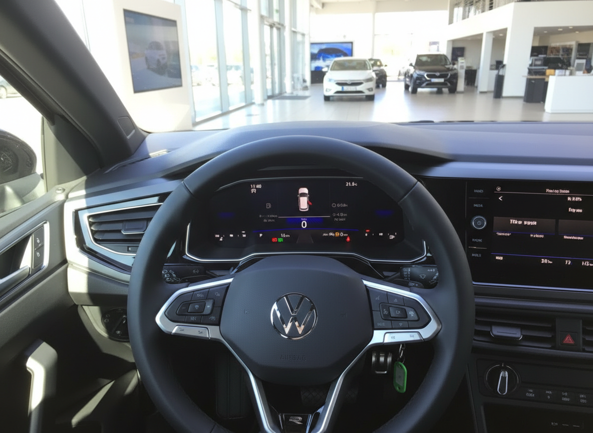 Volkswagen Innenraum mit digitalem Cockpit und Multifunktionslenkrad im Autohaus