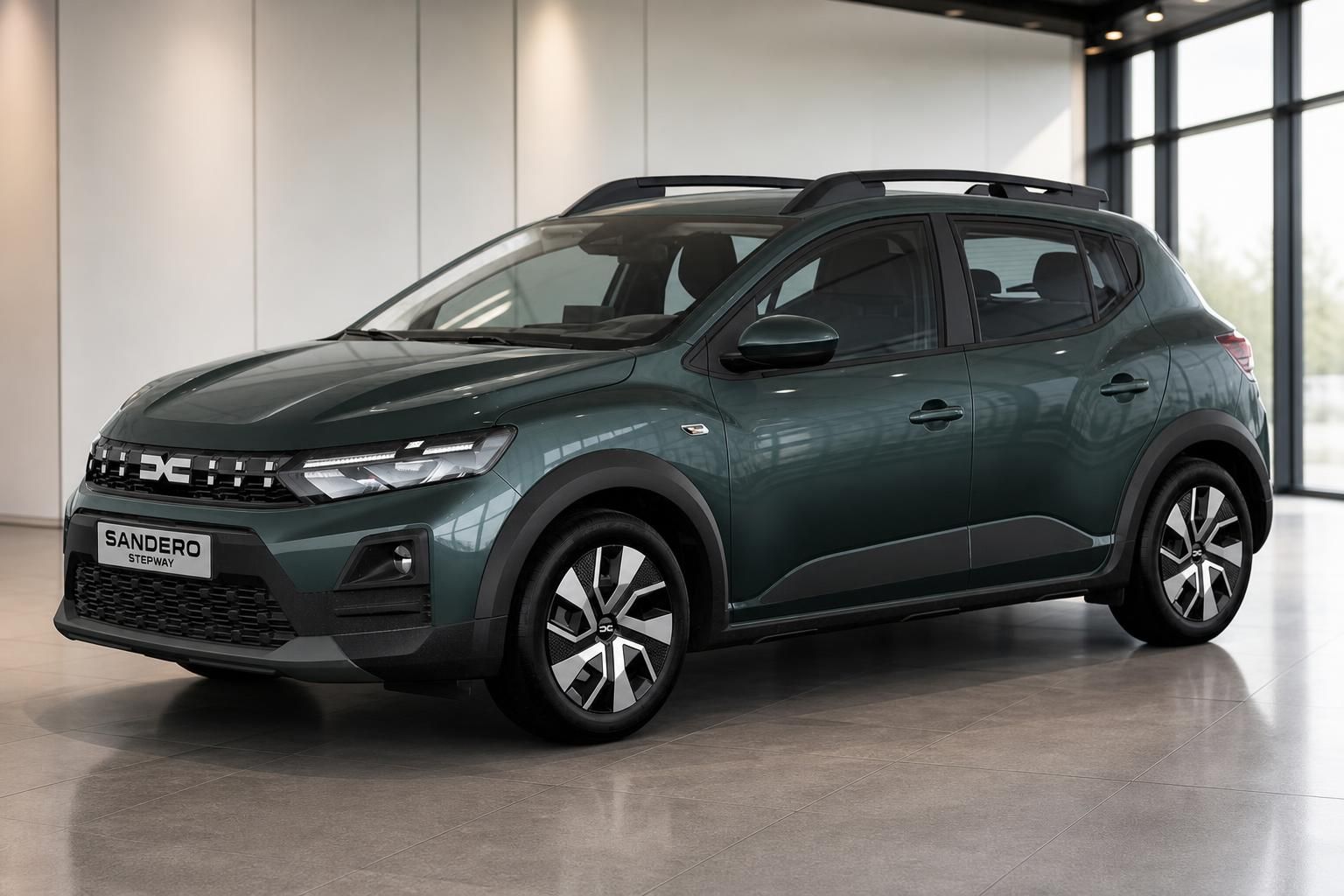 Dacia Sandero Stepway in Grün, Frontansicht schräg im Showroom