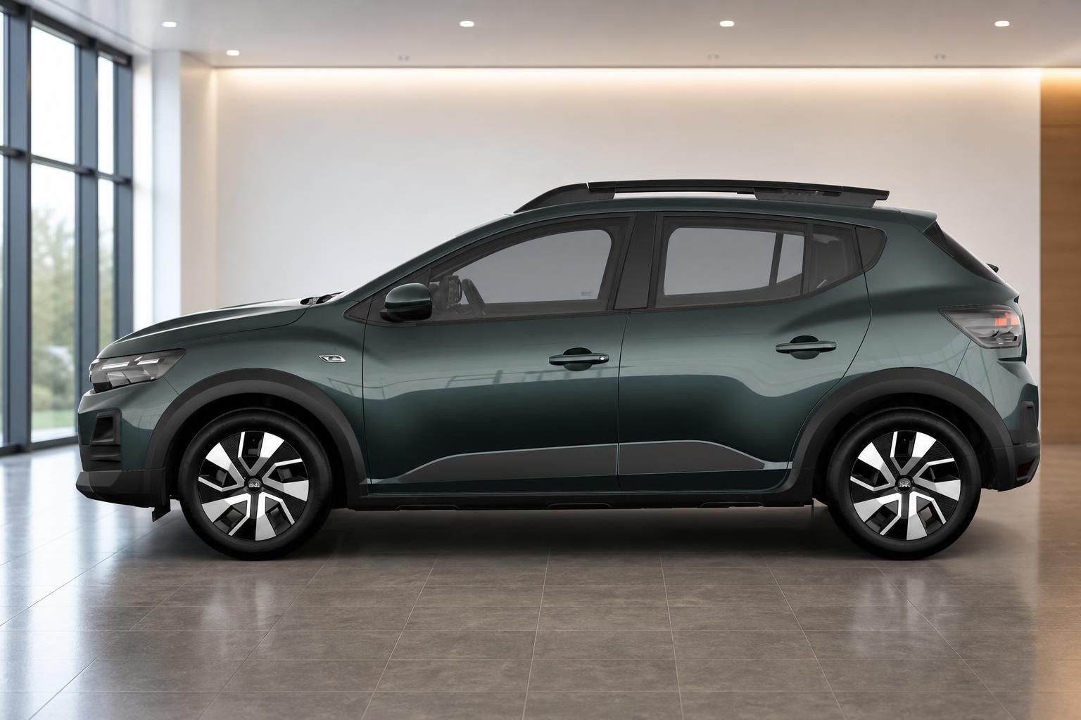 Dacia Sandero Stepway grün, Seitenansicht in der Fahrzeughalle