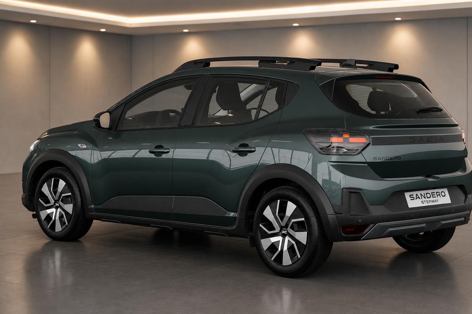 Dacia Sandero Stepway grün, Heckansicht schräg im Showroom