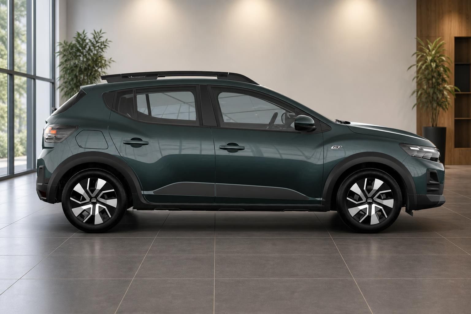Dacia Sandero Stepway GT Line dunkelgrün, Seitenansicht im Autohaus