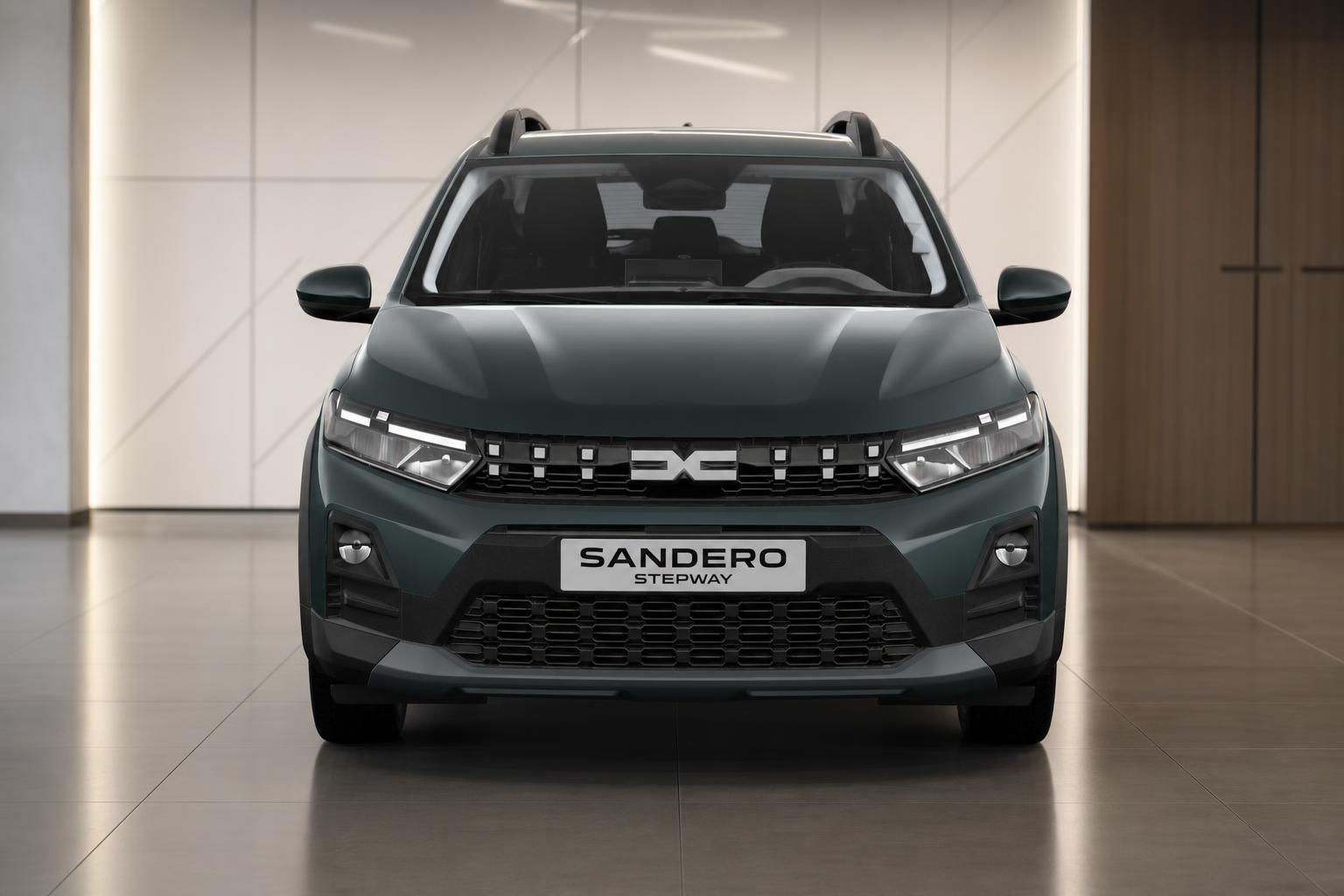 Dacia Sandero Stepway dunkelgrün, Frontansicht im Showroom