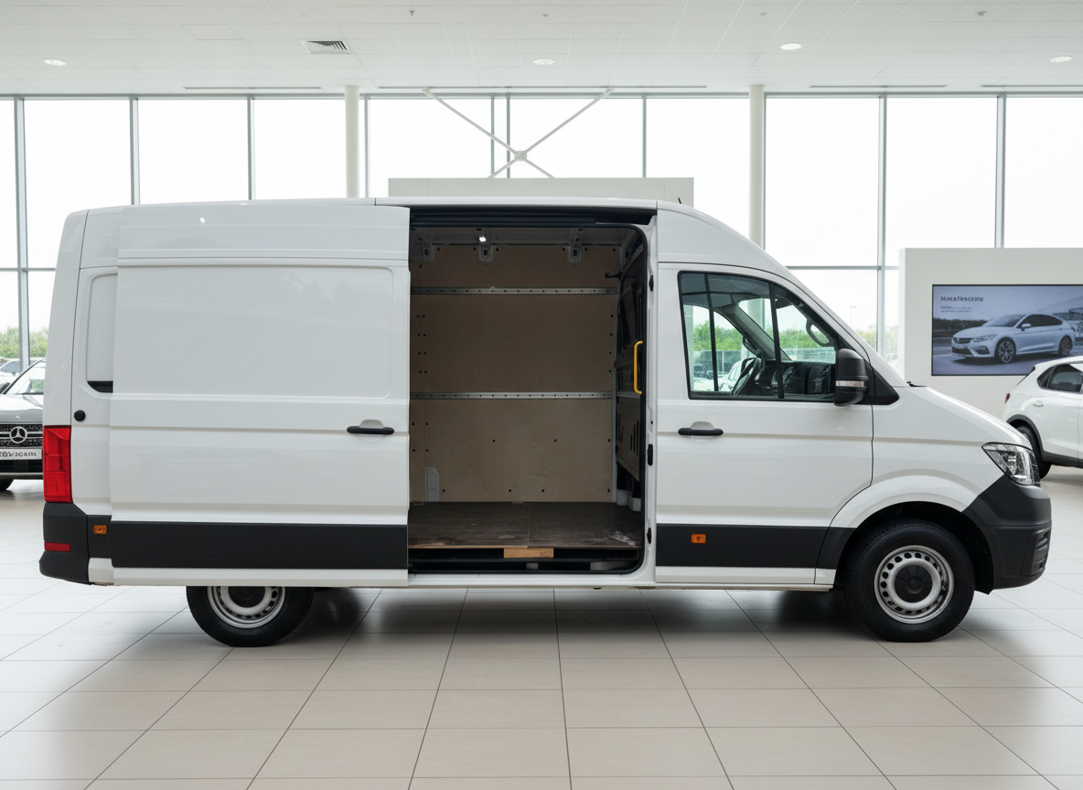 Weißer Volkswagen Crafter Kastenwagen mit geöffneter Schiebetür und Regaleinbau im Autohaus