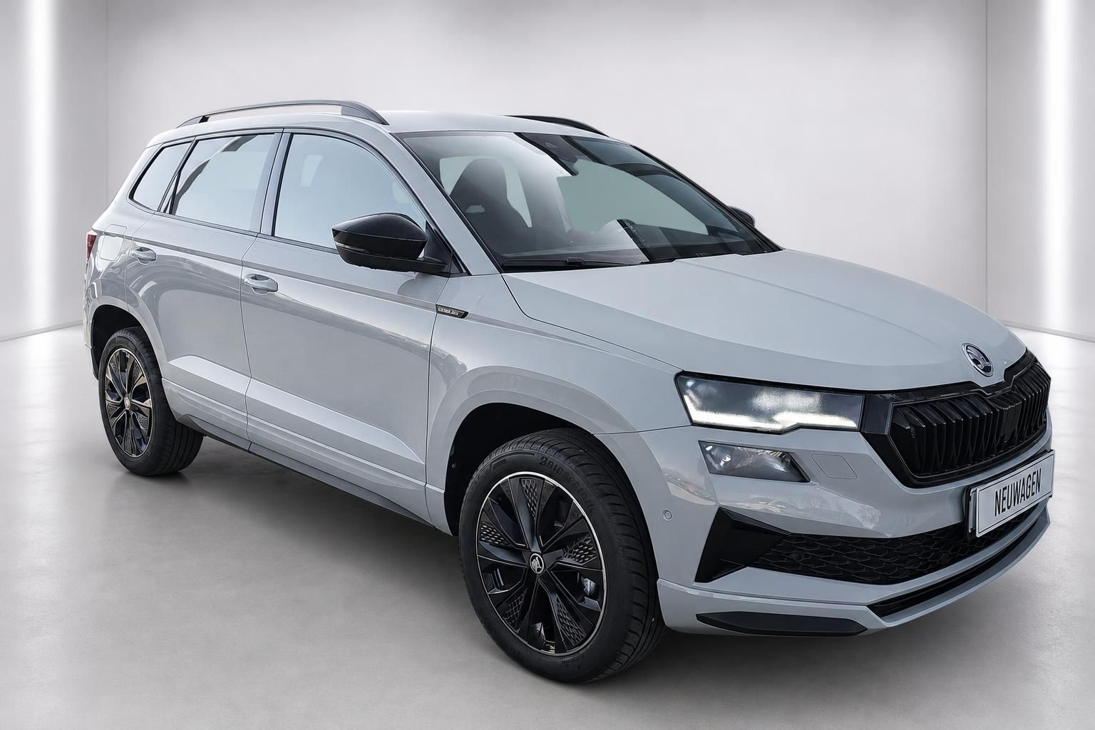 Škoda Karoq grau, Frontansicht schräg mit LED-Scheinwerfern