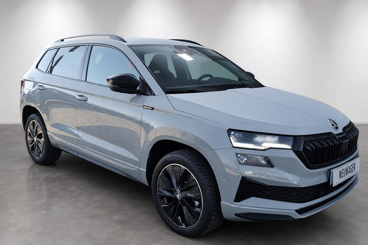 Škoda Karoq SUV hellgrau, Frontansicht schräg im Studio