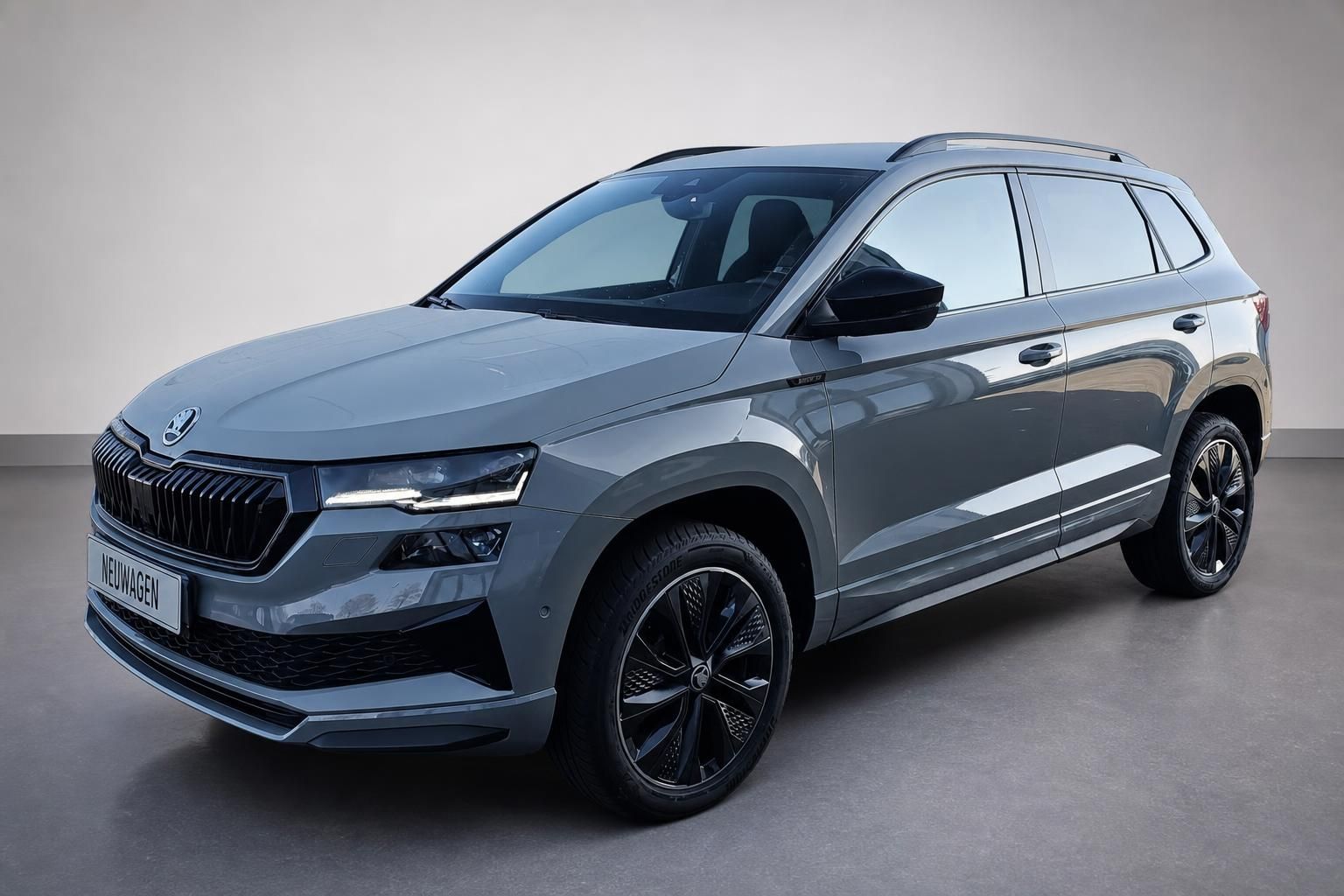 Škoda Karoq SUV in Grau, Frontansicht schräg im Studio