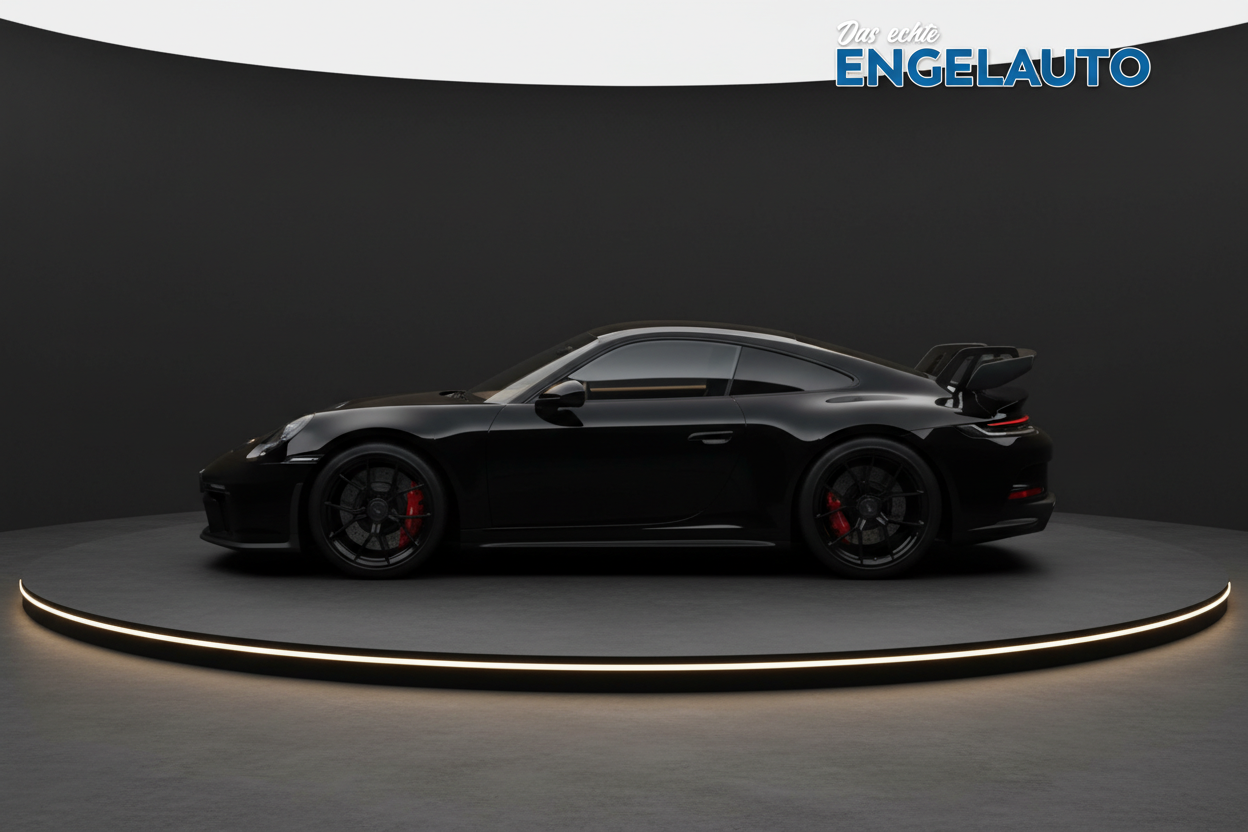Schwarzer Porsche 911 GT3 Seitenansicht mit roten Bremsscheiben und schwarzen Felgen im Showroom bei Engelauto