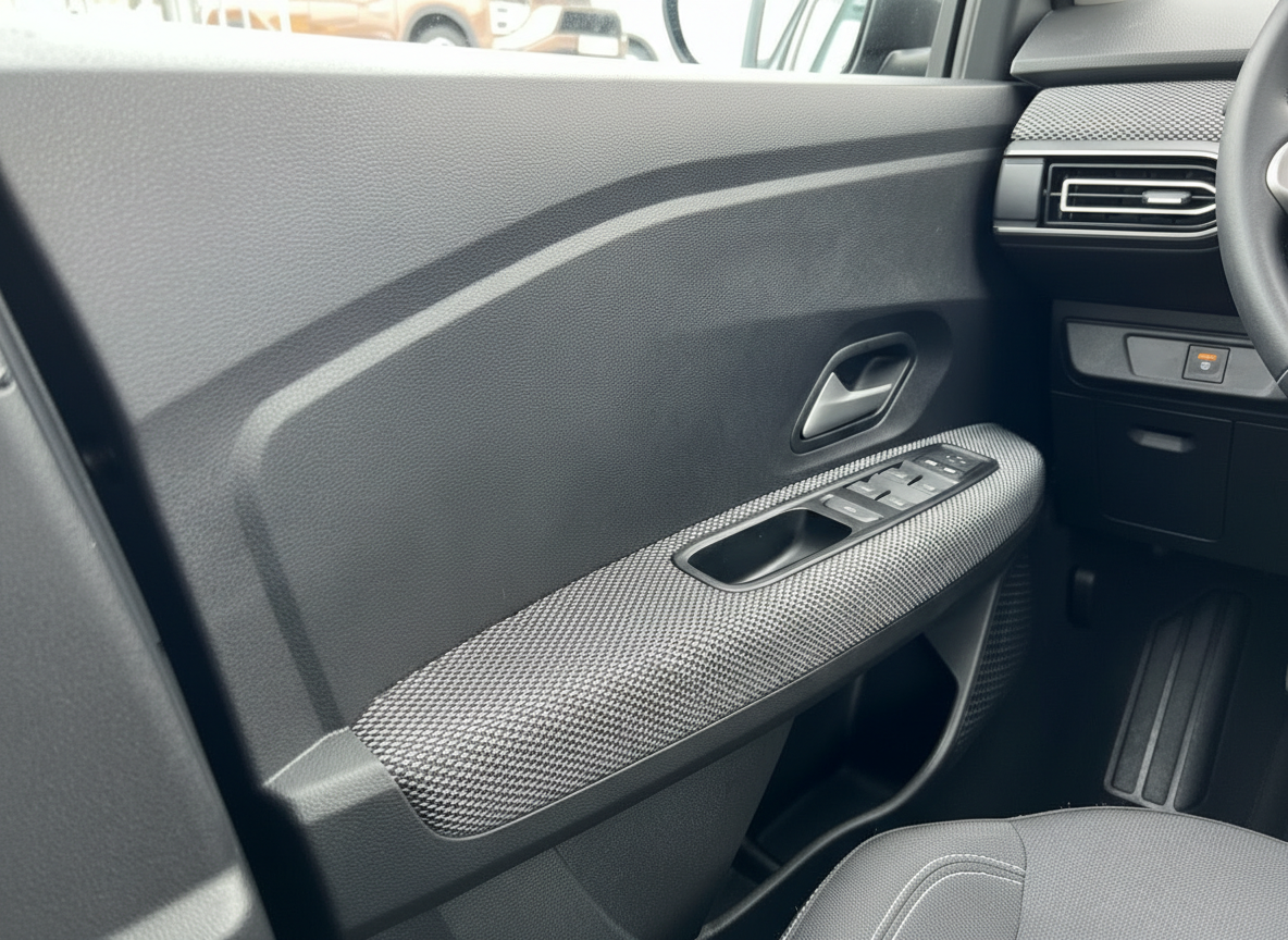 Fahrzeuginnenraum Fahrertür mit Fensterhebersteuerung und Armlehne in grau