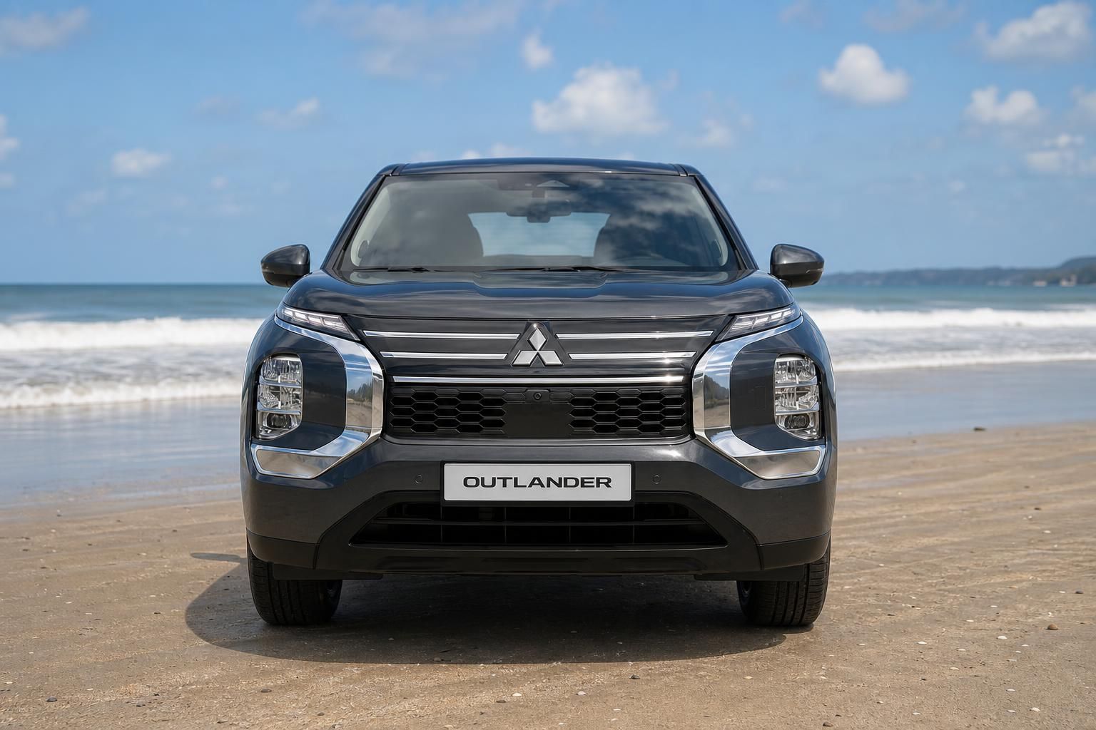 Mitsubishi Outlander in Grau, Frontansicht am Strand
