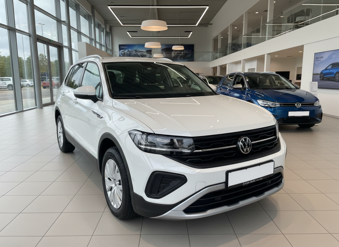 Weißer Volkswagen T-Cross SUV im VW Autohaus Showroom, Frontansicht