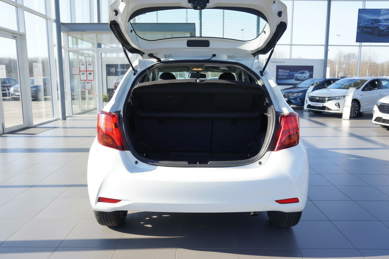 Weißer Toyota Yaris Hatchback mit geöffnetem Kofferraum im Autohaus-Showroom