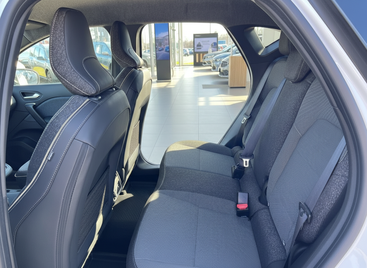 Fahrzeug Innenraum Rücksitzbank mit grauen Stoffsitzen und schwarzen Ledervordersitzen im Autohaus