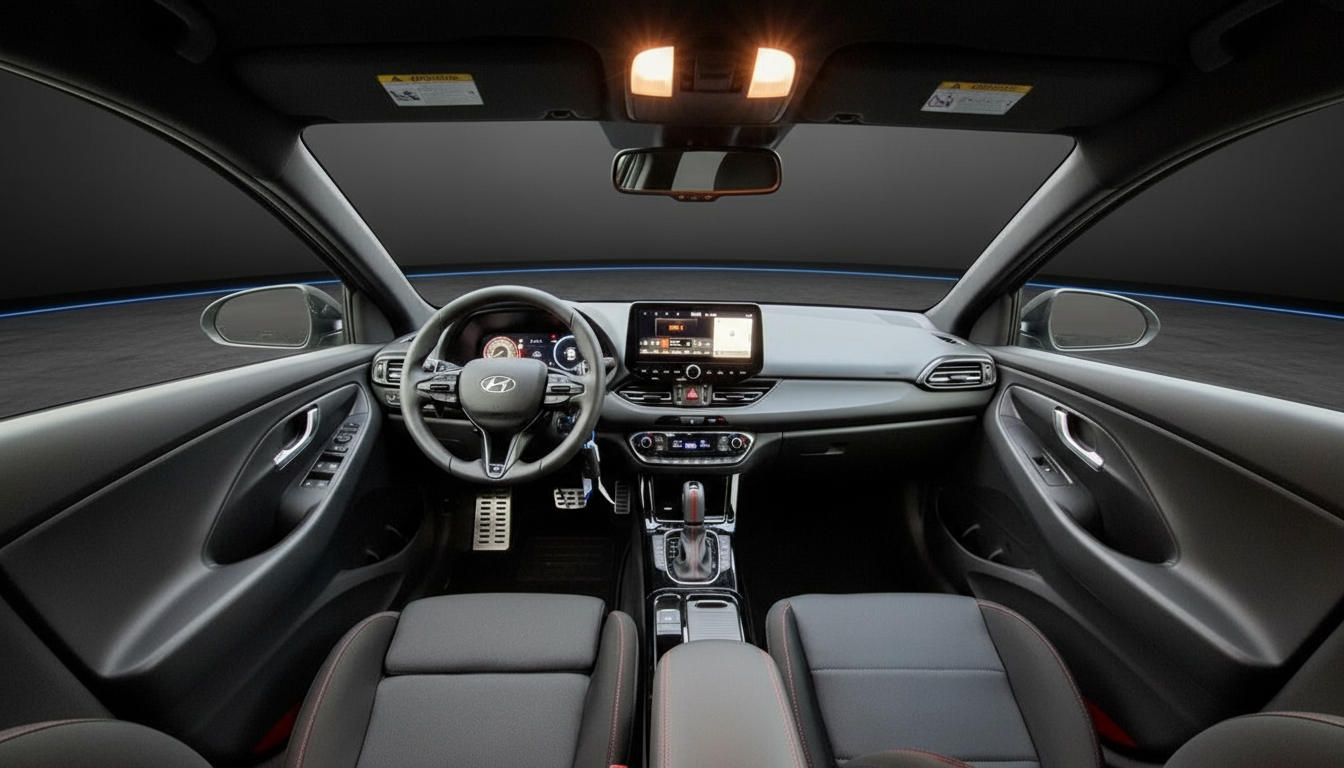 Hyundai i30 Innenraum mit Touchscreen, Sportlenkrad und roten Ziernähten