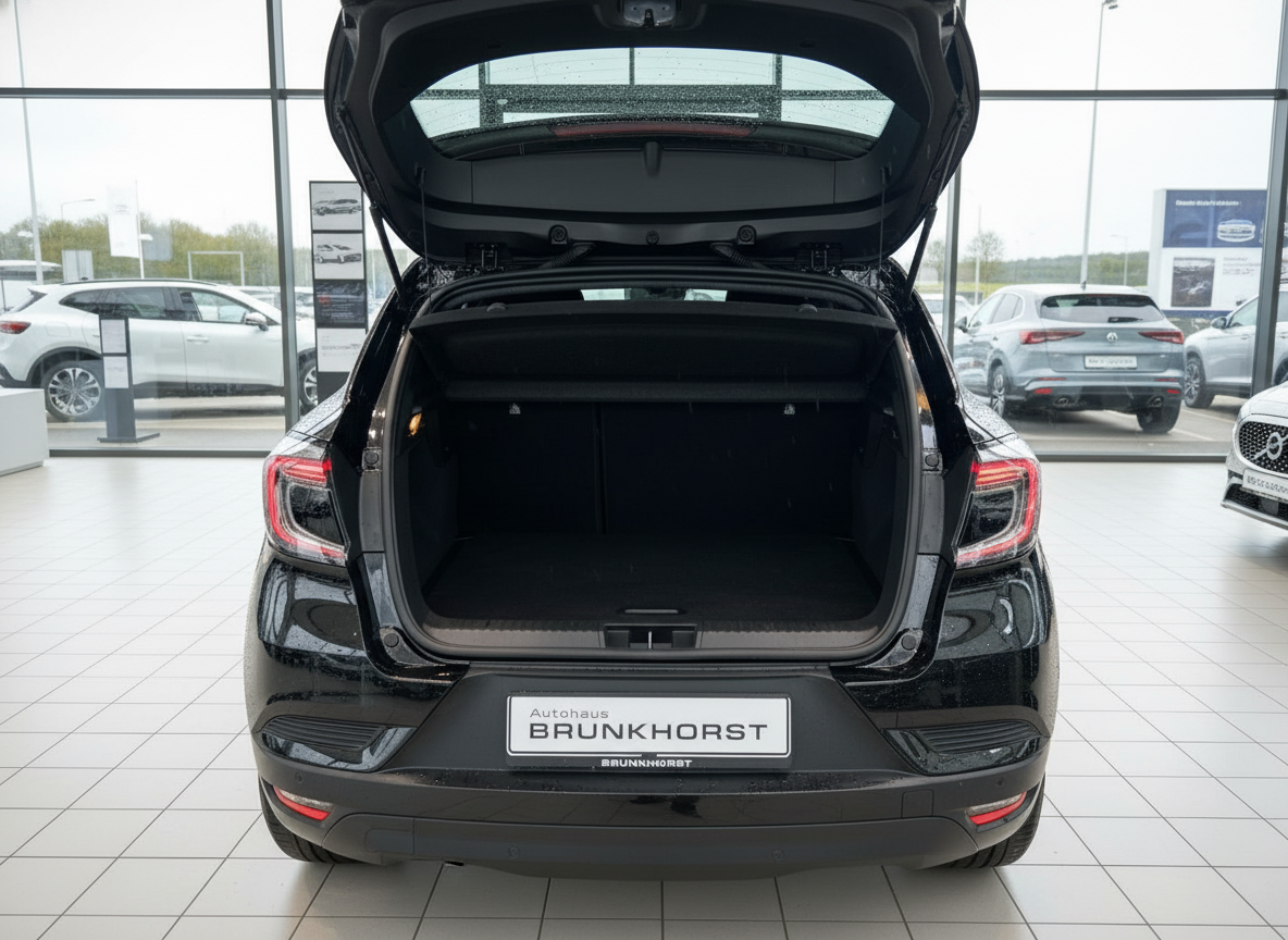Schwarzes Fahrzeug mit geöffnetem Kofferraum im Autohaus Brunkhorst Showroom