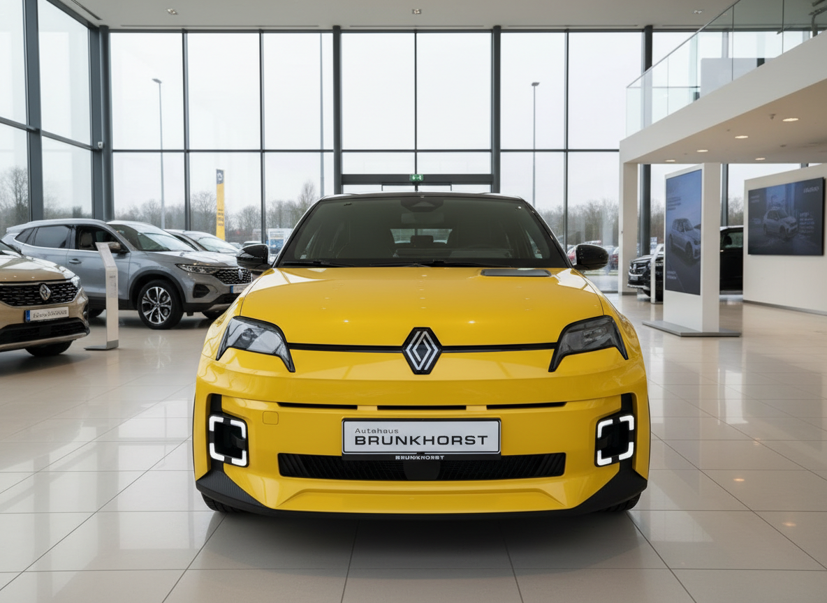 Renault 5 E-Tech Electric in Gelb – Frontansicht im Autohaus Brunkhorst Showroom