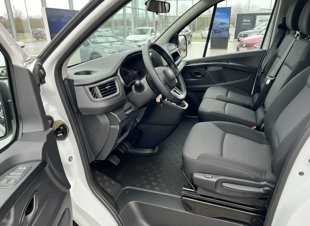 Innenraum eines weißen Transporters mit grauem Stoffsitz, Lenkrad und Armaturenbrett im Autohaus