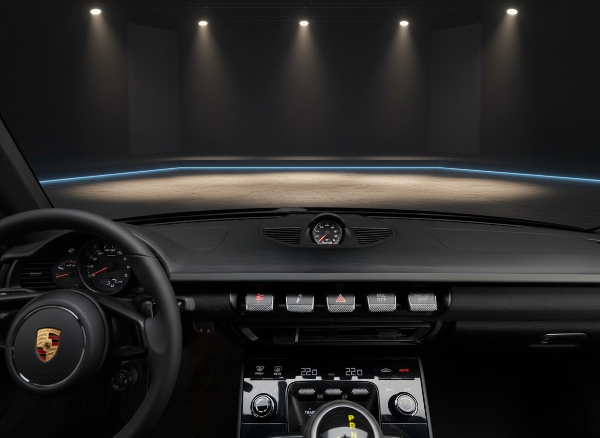 Porsche 911 Innenraum mit Cockpit, Lenkrad und Mittelkonsole in dunklem Design