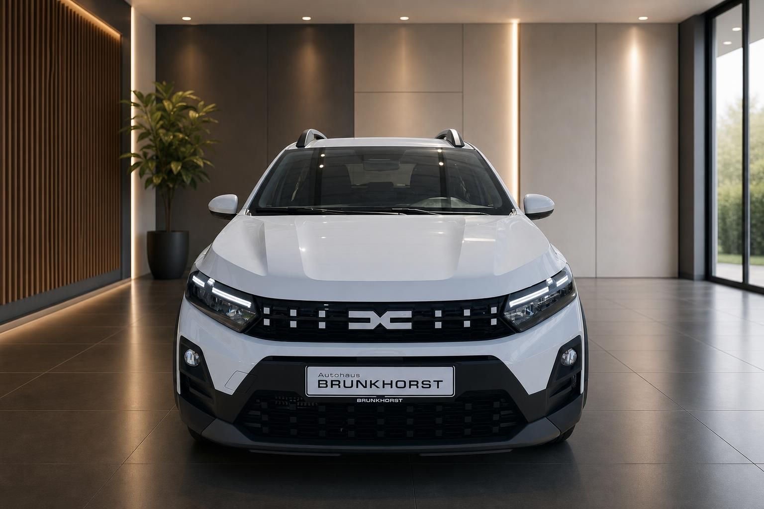 Dacia Sandero Stepway Frontansicht in weiß - moderne LED-Scheinwerfer und charakteristischer Kühlergrill