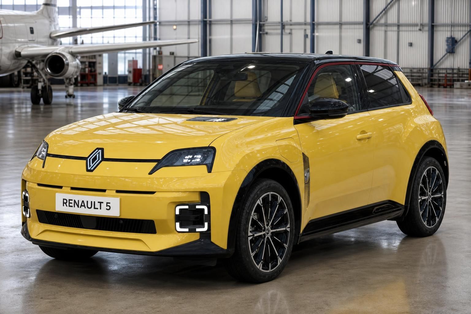 Gelber Renault 5 Elektroauto in Flugzeughalle - Dreiviertel-Frontansicht mit LED-Scheinwerfern