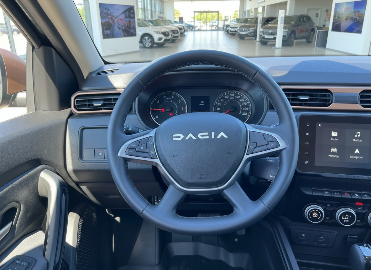 Dacia Duster Innenraum mit Lenkrad, Instrumententafel und Infotainment-Display im Autohaus