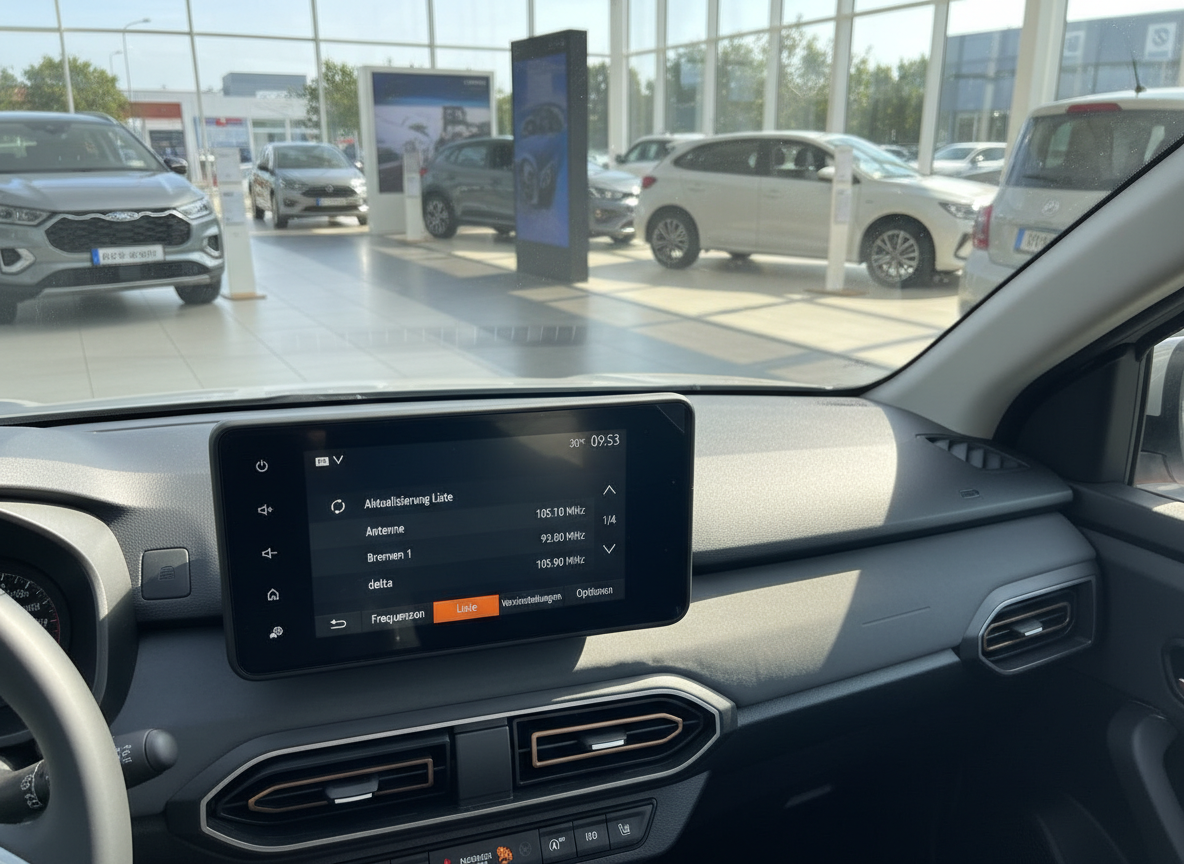 Innenraum eines Fahrzeugs mit Infotainment-Display und Radioliste im Autohaus-Showroom