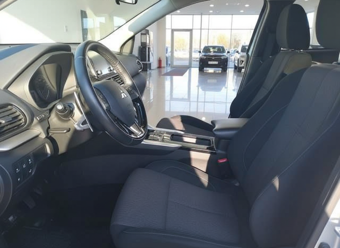 Mitsubishi Innenraum mit schwarzen Stoffsitzen, Lenkrad und Mittelkonsole im Autohaus