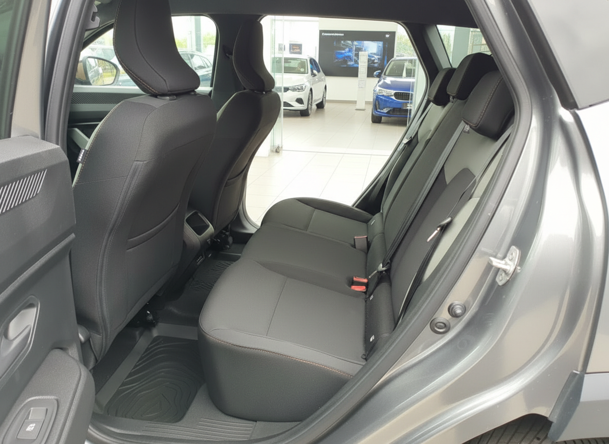 Innenraum Rücksitzbank eines grauen SUV mit schwarzen Ledersitzen im Autohaus